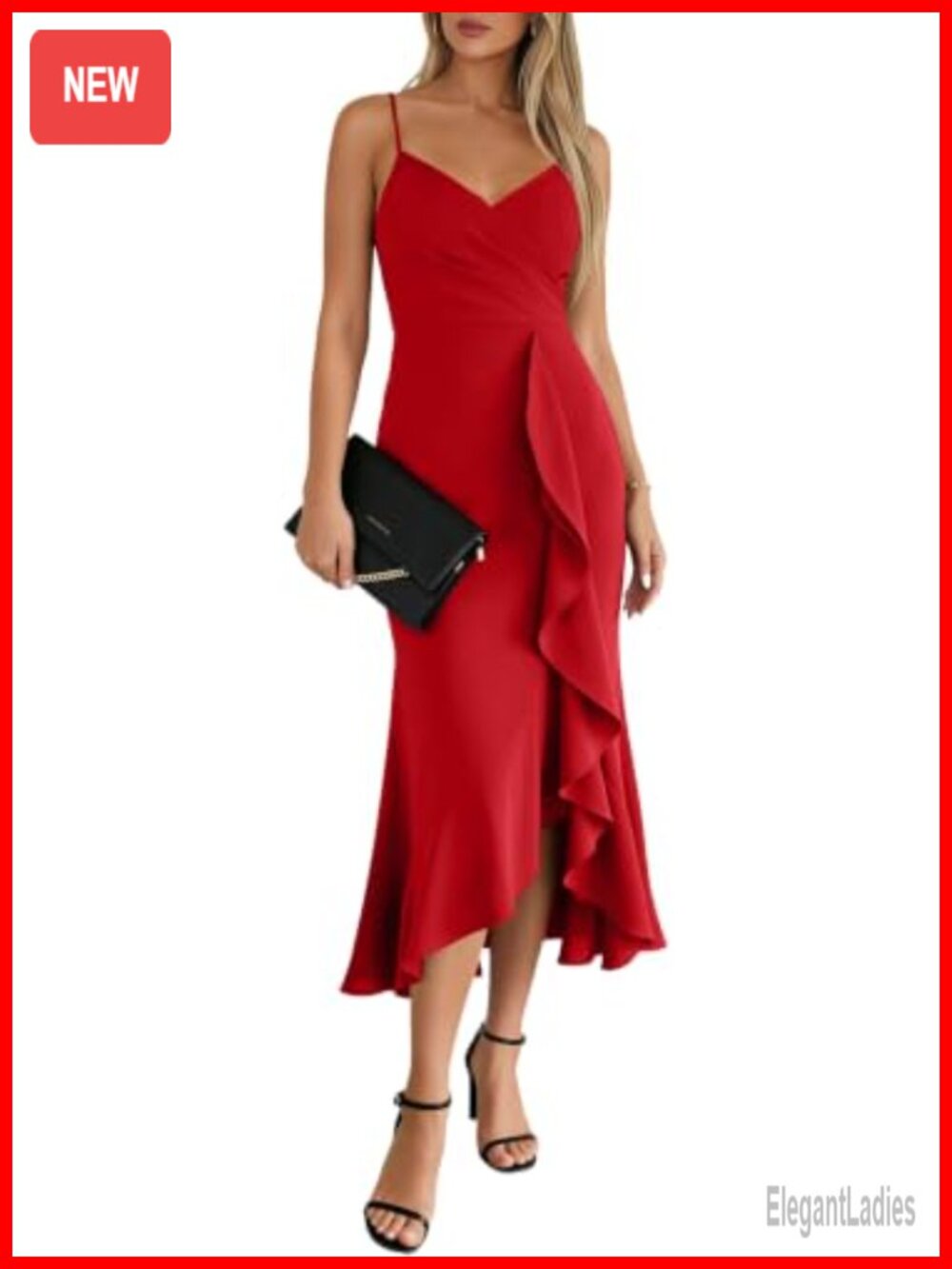 OWIN Women's Bodycon Midi Cocktail Dress V Neck Side Slit Ruffle Hem